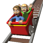An animated gif of two children going down a drop while seated in a roller coaster train.